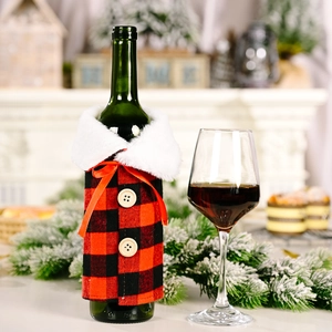 Christmas buffalo plaid wine bottle cover with white plush collar and red bow decoration