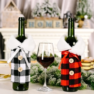 Christmas buffalo plaid wine bottle covers with faux fur collars in red and white set