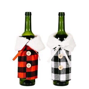 Christmas buffalo plaid wine bottle covers with faux fur collars and wooden buttons