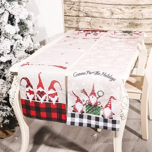 Christmas Table Runner Gnome Pattern Buffalo Plaid Linen Look Fabric Tablecloth For Holiday Home Dining Table Decoration