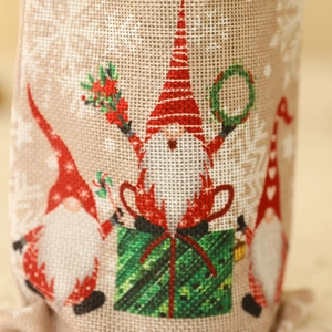 Christmas gnome wine bottle cover with red plaid and snowflakes pattern on linen bag