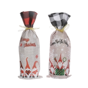 Christmas gnome wine bottle bags with plaid accents and Merry Christmas print
