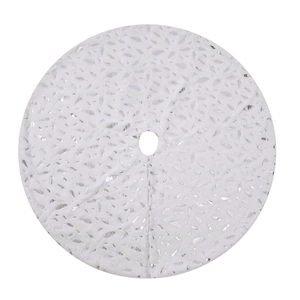 White faux fur Christmas tree skirt with silver bronzing feather pattern, round base mat