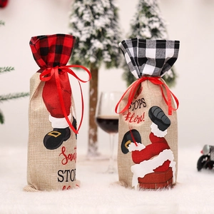 Christmas Wine Bottle Cover Santa Claus Climbing Chimney Burlap Bag Red Black Plaid Drawstring Festive Party Table Decoration