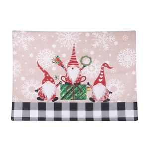 Christmas gnome table mat with snowflakes and black white plaid border for holiday dining