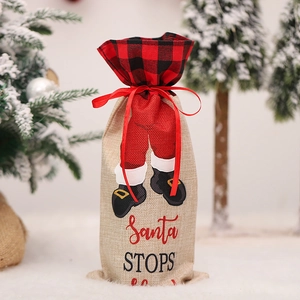 Christmas burlap wine bottle bag with red black plaid and Santa stops here print