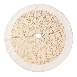 122cm Christmas tree skirt with champagne floral gold foil and white plush border