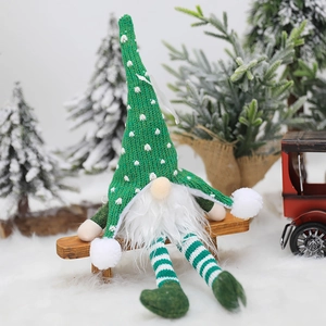 Christmas green gnome plush with knitted heart hat and long striped legs for home decor