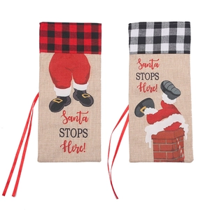 Linen Christmas wine bottle bags with Santa Claus graphics and plaid drawstrings