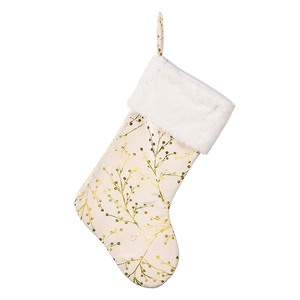 Plush Christmas stocking with gold branch patterns and white faux fur cuff decoration