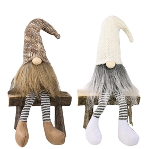 Nordic Christmas gnome dolls set with long legs sitting on mini wooden benches