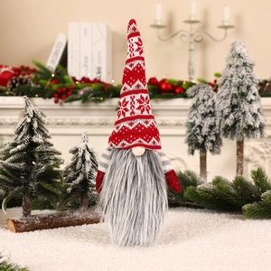 Christmas gnome wine bottle cover with red snowflake knit hat and long grey beard