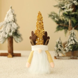 Christmas gnome wine bottle cover with gold sequins, reindeer antlers and white beard