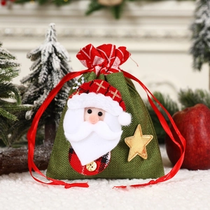 Sachet cadeau de Noël en toile de jute verte avec Père Noël et cordon de serrage