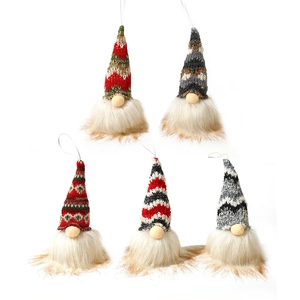 Detailed view of 5-piece set of knit Christmas gnomes with long beards and hanging strings