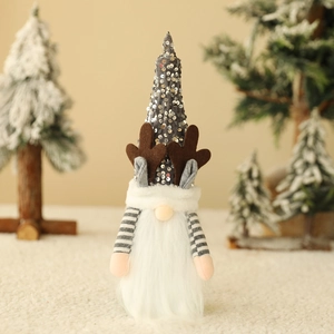 Christmas gnome wine bottle cover with sequined hat and reindeer antlers for table decor