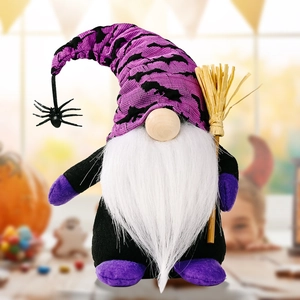 Halloween gnome plush with purple bat hat, spider pendant and mini broom decoration