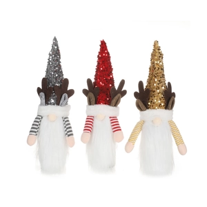 Set of three Christmas gnome wine bottle covers with sequin hats and reindeer antlers