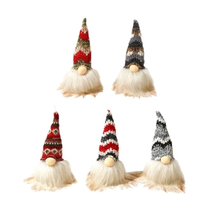 Set of five glowing Christmas gnomes with knitted hats and long white beards on white background