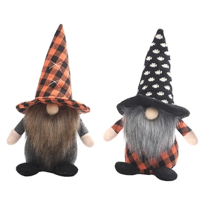 Pair of Halloween faceless gnome plush dolls with plaid hats and long faux fur beards