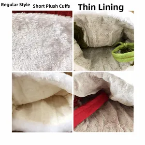 Detail view of plush white cuff and non-woven lining on striped Christmas stocking