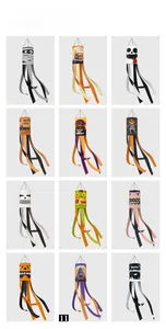 Detail showing 12 Halloween windsocks with pumpkin, ghost, and mummy designs for outdoor decor