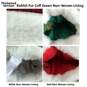 Detail of thick faux rabbit fur cuff and non-woven lining on striped Christmas socks