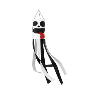 Halloween ghost windsock flag with skull face and black-white streamers for outdoor decor