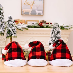 Classic Buffalo Plaid Christmas Hat With White Plush Trim And Pom Pom Red Black Plaid Festive Holiday Party Santa Hat