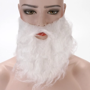 Detailed view of curly white Santa Claus beard prop on a display head model for Christmas