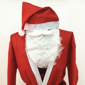 Detailed view of the Christmas Santa Claus costume set with hat, beard and red top