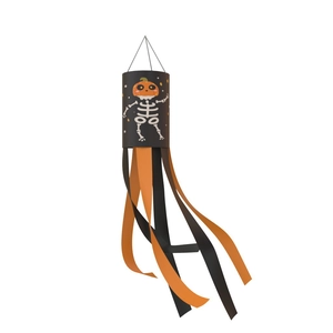 Halloween windsock featuring black pumpkin skull print and orange ribbon streamers