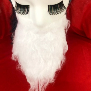 Macro detail of white faux fiber Santa Claus beard displayed on a model head