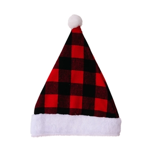Classic red and black buffalo plaid Santa hat with white plush trim and pom pom
