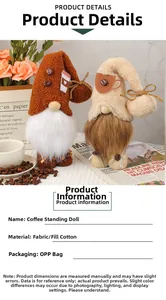 Detail of coffee gnomes with plush hats and coffee cup accents for cafe decor