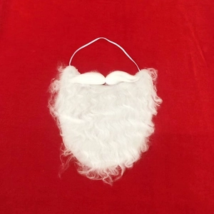 Detail of curly white Santa Claus beard accessory with elastic strap on red background