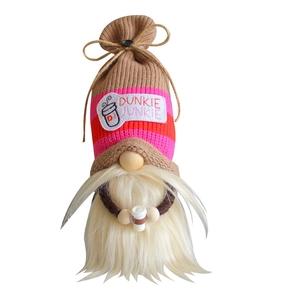 Gnomo di Natale a tema caffè con cappello a righe rosa e ricamo Dunkie Junkie decorativo
