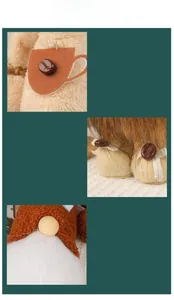 Detail of coffee gnome plush with bean button, white faux fur beard and wooden nose