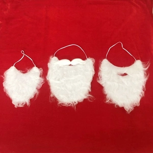 Three-piece white faux fur Santa beard set with elastic straps on festive red background