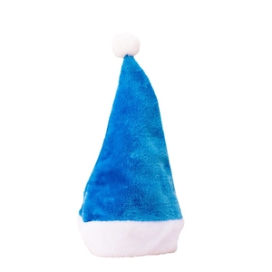 Hochwertige blaue Weihnachts mütze aus Plüsch mit weißem Kunstpelzbesatz und Bommel