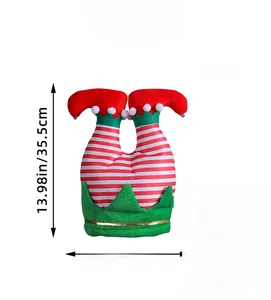 Detailed view of striped Christmas elf leg hat with red white stripes and green crown trim