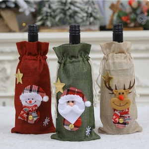 Burlap Christmas Wine Bottle Covers Cartoon Santa Claus Snowman Reindeer Pattern Drawstring Wine Bottle Gift Bags Holiday Table Decor