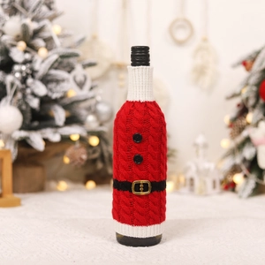 Knitted Santa belt wine bottle cover with gold buckle for festive Christmas table decor