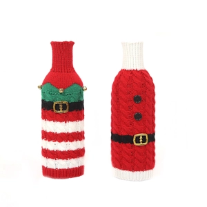 Knitted Christmas wine bottle covers featuring Santa and Elf designs with belt details