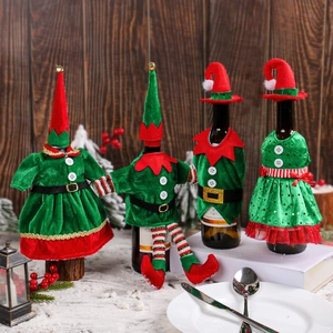 Christmas Elf Wine Bottle Covers Decorative Red Green Elf Dress Apron Mini Hats For Xmas Table Dinner Party Atmosphere Layout Props
