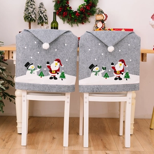 Christmas Chair Back Covers Grey Fabric Santa Snowman Printed Pattern Xmas Hat Design For Dining Room Home Festive Decor