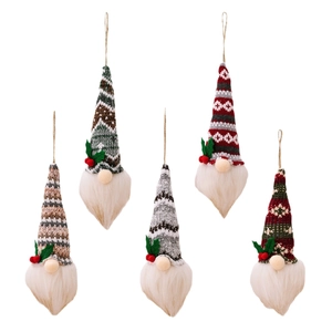 Set of five festive knitted Christmas gnomes with hanging ropes and traditional patterns