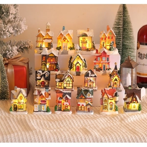 Christmas Glowing Miniature House Resin LED Light Village Scene Snow Covered Architecture Ornament Festive Desktop Decoration