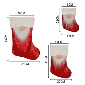 Sequin Christmas stockings with Santa gnome beard in three sizes for festive fireplace decor