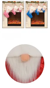 Detail showing sequined Christmas gnome stockings with plush beards and fuzzy noses